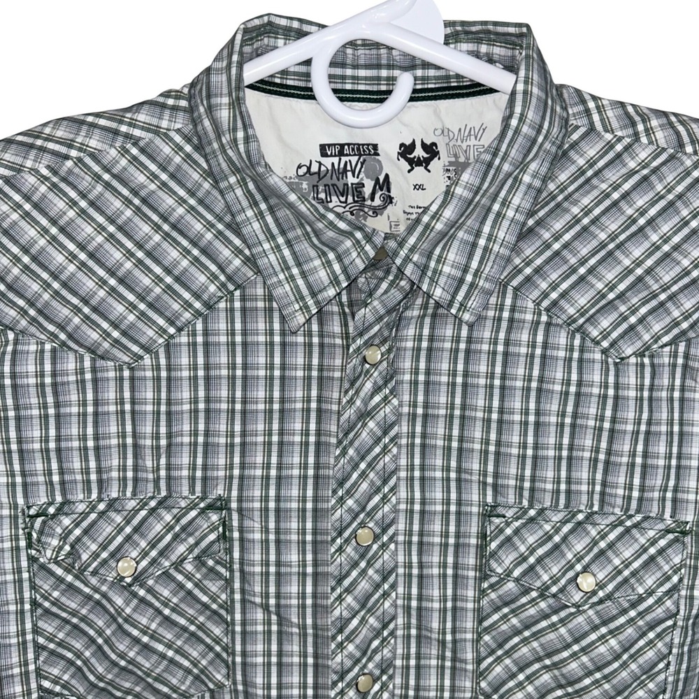 Old Navy Live Mens XXL Green Plaid Pearl Snap Western Shirt Long Sleeve Cotton